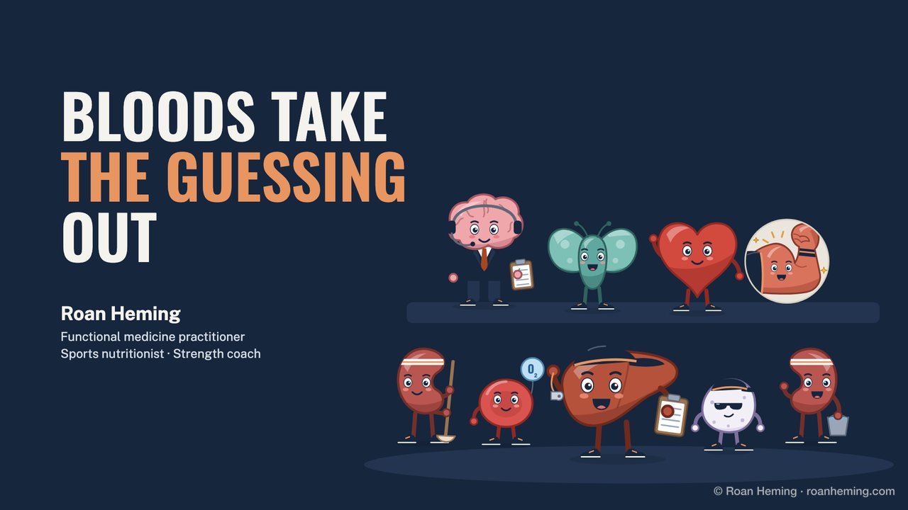 The opening slide of Roan Heming's talk, Bloods take the guessing out: a cast of cartoon characters lined up like a team photo, with the brain as the manager, the thyroid, the heart, the muscle, the kidney twins, a red cell, the liver as head coach and a white cell.
